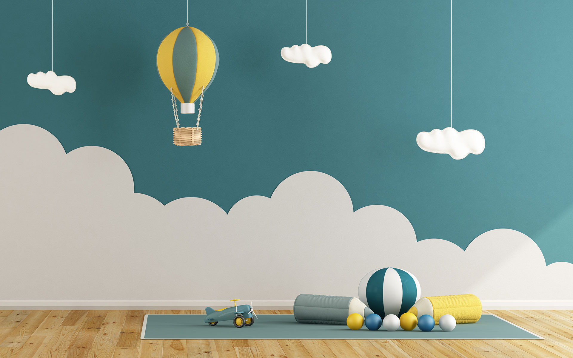 Children's playroom with painted wall and toys